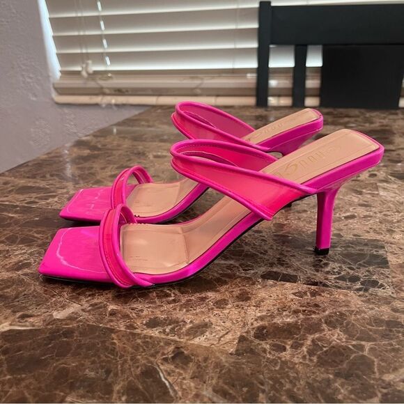 Women Stiletto Mid Heel Peep Open Toe Sandals Slip-on Size 9 Hot Pink - Picture 2 of 12